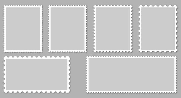 briefmarkenränder gesetzt. helle briefmarken auf grauem hintergrund - briefmarke stock-grafiken, -clipart, -cartoons und -symbole