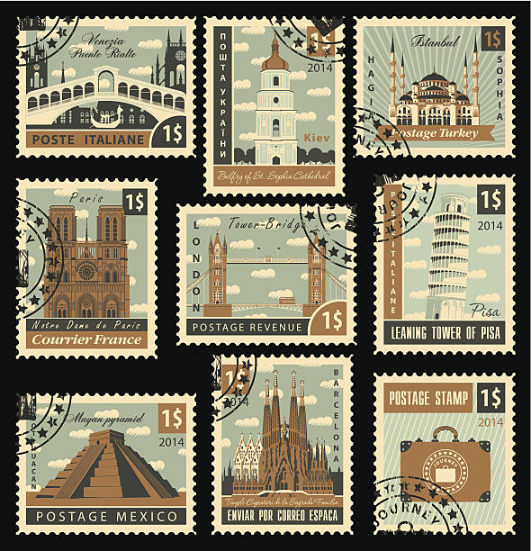 stockillustraties, clipart, cartoons en iconen met postage stamp city - barcelona
