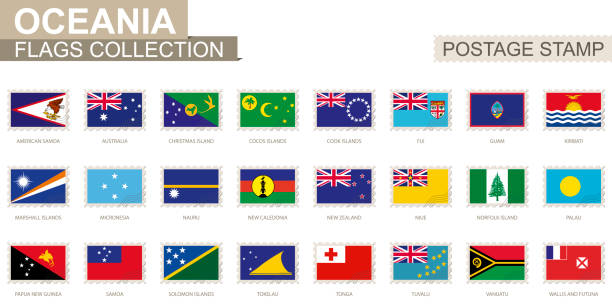 ilustrações, clipart, desenhos animados e ícones de selo postal com bandeiras da oceania. conjunto de 62 bandeira saciana. - tonga