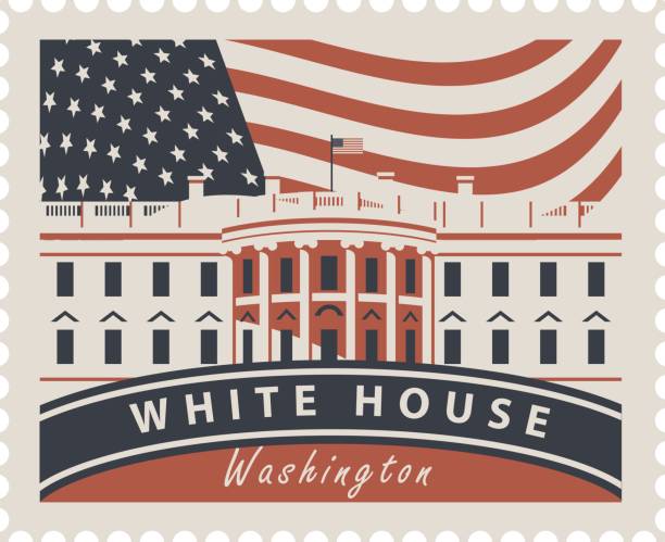 Postage stamp with White House and flag USA Postage stamp with inscriptions and the image of the US Capitol in Washington DC. Vector illustration White house in Washington on the background of american flag white house stock illustrations