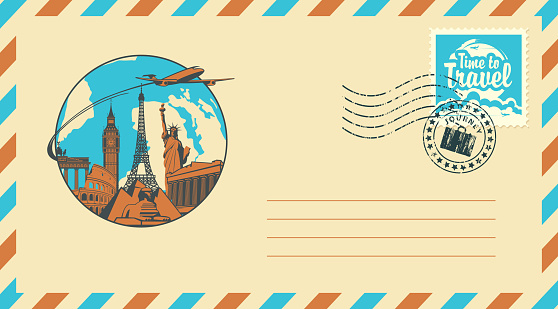 Postal envelope with stamp and rubber stamp. Illustration on the theme of travel with architectural and historical sights, passenger aircraft and the words Time to travel