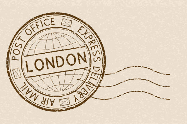 freimarke, runde braune poststempel mit london titel - poststempel stock-grafiken, -clipart, -cartoons und -symbole