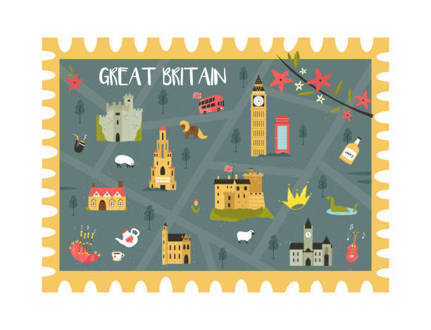 Postal stamp with United Kingdom map with landmarks and symbols. Vector illustration, travel design Postal stamp with United Kingdom map with landmarks and symbols. Vector illustration, travel design loch ness monster stock illustrations