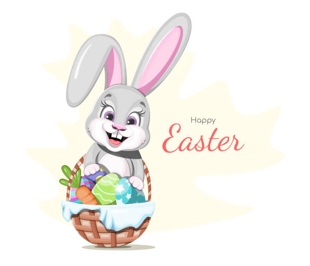 Postcard "Happy Easter". Cute and cheerful bunny with an Easter basket Postcard "Happy Easter". Cute and cheerful bunny with an Easter basket easter sunday stock illustrations
