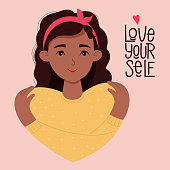 Postcard Love yourself. beautiful dark-skinned girl hugs herself. Concept Love yourself and find time for yourself and care. Vector illustration. Cute ethnic character in for decoration, design