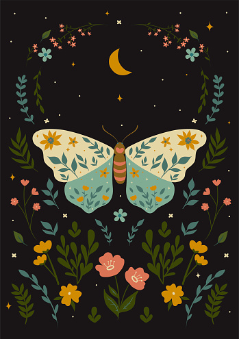 Postcard with a butterfly in boho style. Vector graphics.