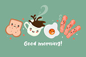 Postcard with a cute breakfast. Good morning. Vector image