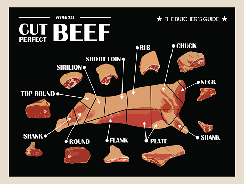 Poster Butcher diagram and scheme - Cow. Cut of meat set. Vector illustration.