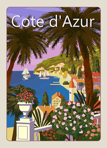Poster Cote de l'azur French Riviera coast vintage. Resort, French Riviera Nice coast poster vintage.Resort, coast, sea, beach. Retro style illustration vector isolated