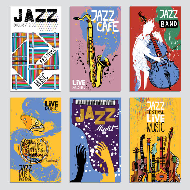 Poster for the Jazz Festival with Musical Instruments. Hand Drawn illustration with Different Ink Textures. Poster for the Jazz Festival with Musical Instruments. Hand Drawn illustration with Different Ink Textures. music drawings stock illustrations