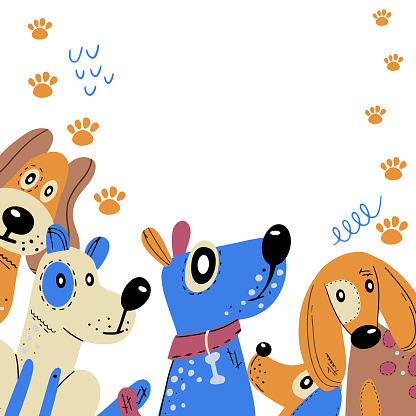 Poster frame with dogs of different breeds. Abstract elements drawn by hand. Vector card, poster or holiday invitation