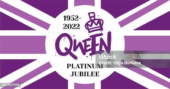 istock Poster of "Queen. Platinum Jubilee 1952-2022" with British flag. Ready greeting card for celebrate a Platinum Jubilee after 70 years of Queen's service. Vector illustration. Street graffiti style. 1372977149