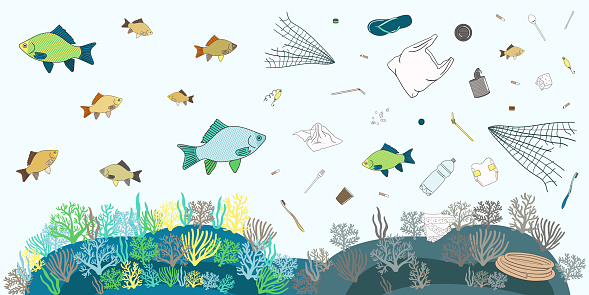 Poster of single-use plastics float in the water with fish. Prevention of water pollution banner. Microplastic concept. Hand drawn vector illustration.