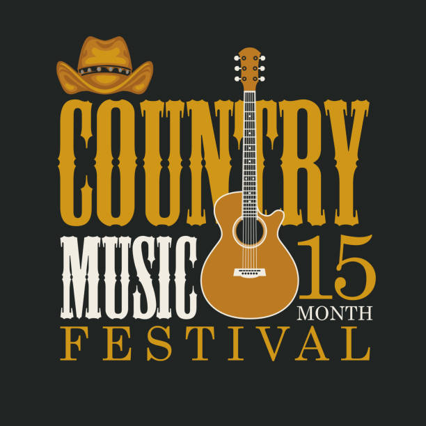 poster of the festival of country music with guitar and hat Vector poster for country music festival with brown cowboy hat, electric guitar and inscription in retro style on black background. Suitable for for emblem, t-shirt design, flyer, invitation, cover cowboy hat template stock illustrations