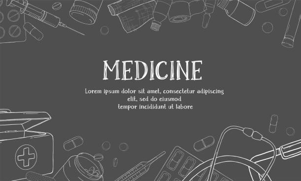 Poster on the theme of health. Medical equipment, drugs and pills. White outline on dark background. Space for your text. Poster on the theme of health. Medical equipment, drugs and pills. Vector illustration in sketch style. White outline on dark background. Space for your text. Template. Mock up. doctor borders stock illustrations