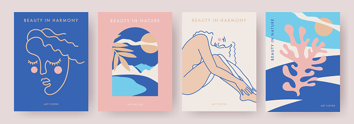 Poster set in modern art style. Concept of beauty in harmony and nature. Minimalist trendy illustration of female figure, portrait of beautiful girl, abstract nature scene. Wall art, print, cover, ads
