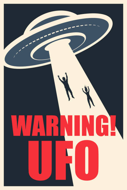 UFO Poster A man and a woman floating in the ray of light into the flying saucer. UFO warning. ufo stock illustrations