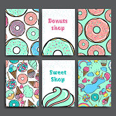 Poster vector template set with donuts. Advertising for bakery shop or cafe. Sweet mint background.