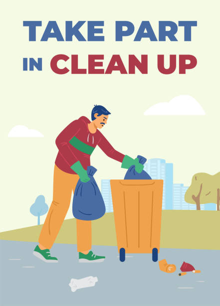 Poster with a call clean up of nature and protect ecology environment. Poster with a call to take part in clean up of nature and protect ecology environment. Man ecologist volunteer collect trash in garbage bags and put on dumpster. Vector illustration kitten litter stock illustrations