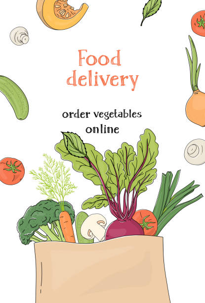 Poster with a paper bag with ripe vegetables from the farm. Template. Poster with a paper bag with ripe vegetables from the farm. Colorful vector illustration on white background. Hand-drawn. Template. Mock up. supermarket borders stock illustrations