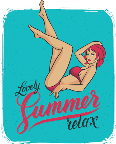 Poster with beautiful young woman in bikini laying on the calligraphic lettering composition 