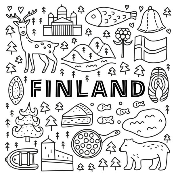 illustrazioni stock, clip art, cartoni animati e icone di tendenza di poster con icone finlandia. - finlandia laghi