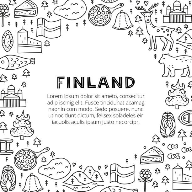 illustrazioni stock, clip art, cartoni animati e icone di tendenza di poster con caratteri e doodle contorno finlandia icone. - finlandia laghi