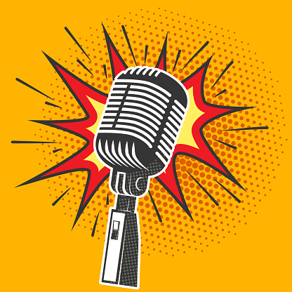 Poster with old microphone in pop art style. Design element