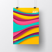 Realistic poster in vertical position with an modern and trendy background (Abstract design with wave shapes in a paper cut style - purple, pink, blue, green, turquoise, yellow, orange), isolated on white wall. Template for your design. With space for your text and your background. The layers are named to facilitate your customization. Vector Illustration (EPS10, well layered and grouped). Easy to edit, manipulate, resize or colorize. Please do not hesitate to contact me if you have any questions, or need to customise the illustration. http://www.istockphoto.com/portfolio/bgblue