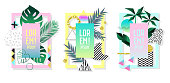 Posters Set with Abstract Geometric Elements and Palm Leaves. Tropical Design Set 80s-90s Fashion for Covers, Placards, Flyers. Vector illustration