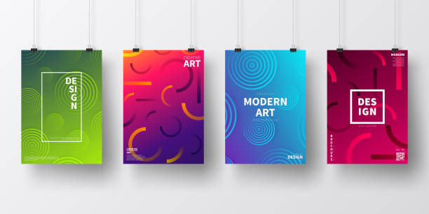 Posters with abstract colorful designs, isolated on white background Four realistic posters in vertical position with modern and trendy backgrounds, isolated on white wall. Abstract colorful illustrations. Circles and circular shapes with beautiful color gradients (colors used: Red, Purple, Pink, Orange, Green, Blue, Black, Turquoise, Yellow). Template for your own design, with space for your text. The layers are named to facilitate your customization. Vector Illustration (EPS10, well layered and grouped), wide format (2:1). Easy to edit, manipulate, resize and colorize. rolling stock illustrations