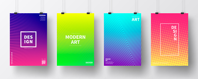 Posters with colorful geometric design, isolated on white background