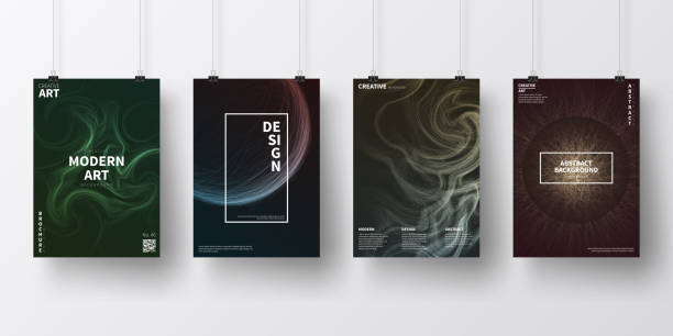 Posters with dark futuristic designs, isolated on white background Four realistic posters in vertical position with modern and trendy backgrounds, isolated on white wall. Abstract geometric illustrations. Dark futuristic designs with beautiful color gradients (colors used: Red, Pink, Orange, Green, Gray, Blue, Beige, Turquoise, Yellow). Template for your own design, with space for your text. The layers are named to facilitate your customization. Vector Illustration (EPS10, well layered and grouped), wide format (2:1). Easy to edit, manipulate, resize and colorize. smoke on black stock illustrations