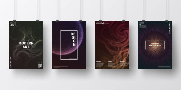 Posters with dark futuristic designs, isolated on white background Four realistic posters in vertical position with modern and trendy backgrounds, isolated on white wall. Abstract geometric illustrations. Dark futuristic designs with beautiful color gradients (colors used: Red, Purple, Pink, Orange, Green, Gray, Blue, Beige, Turquoise, Yellow). Template for your own design, with space for your text. The layers are named to facilitate your customization. Vector Illustration (EPS10, well layered and grouped), wide format (2:1). Easy to edit, manipulate, resize and colorize. smoke on black stock illustrations