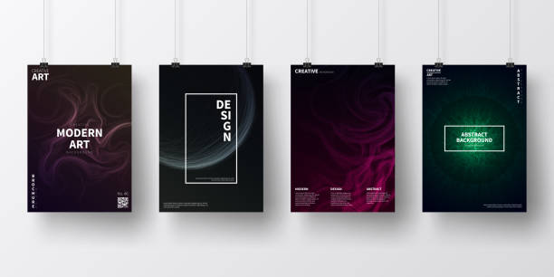 Posters with dark futuristic designs, isolated on white background Four realistic posters in vertical position with modern and trendy backgrounds, isolated on white wall. Abstract geometric illustrations. Dark futuristic designs with beautiful color gradients (colors used: Purple, Pink, Green, Gray, Blue, Black, Beige, Turquoise, Yellow). Template for your own design, with space for your text. The layers are named to facilitate your customization. Vector Illustration (EPS10, well layered and grouped), wide format (2:1). Easy to edit, manipulate, resize and colorize. smoke on black stock illustrations