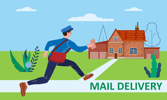 Postman running with bag delivering letter in envelope for house to address. Mailman in uniform carrying mail, delivery service. Vector illustration