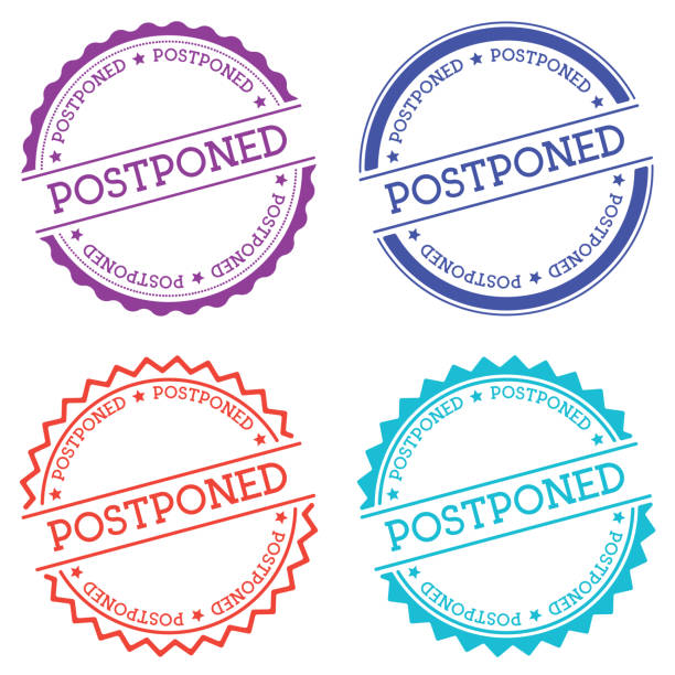 Postponed badge isolated on white background. Postponed badge isolated on white background. Flat style round label with text. Circular emblem vector illustration. postponed stock illustrations