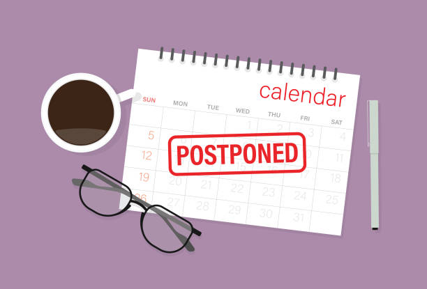 Postponed rubber stamp on a calendar with a pen, coffee cup, and eyeglasses Business event, Meeting, Problem, Working, Travel postponed stock illustrations