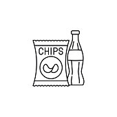 Potato chips bag and soft drink bottle  vector line icon. Unhealthy eating outline  symbol.