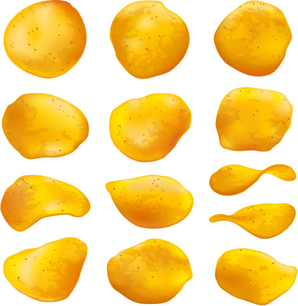 kartoffel-chips, die isoliert auf weißem realistische vektor-set - chips potato stock-grafiken, -clipart, -cartoons und -symbole