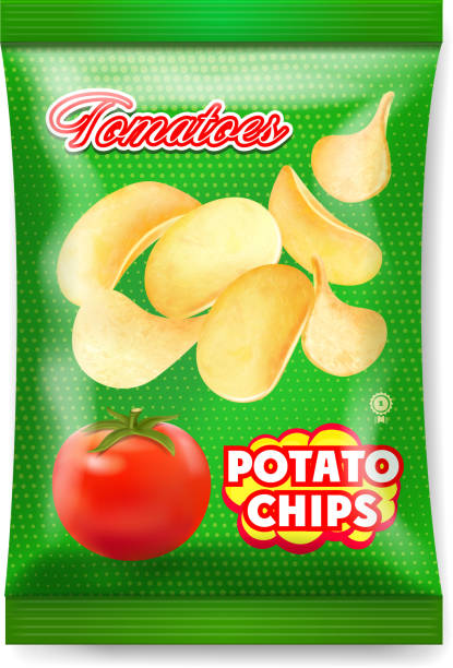 kartoffel-chips-paket mit tomaten isoliert - chips potato stock-grafiken, -clipart, -cartoons und -symbole