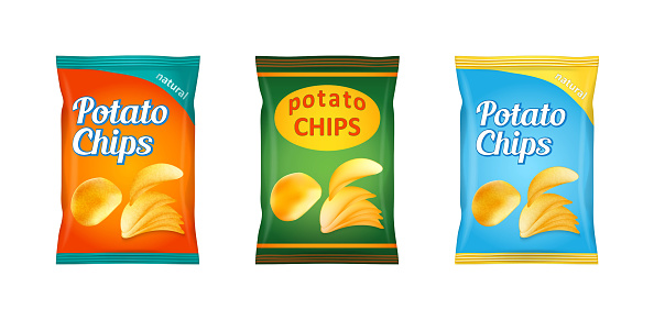 Potato chips packaging, stock vector illustration isolated on white background.