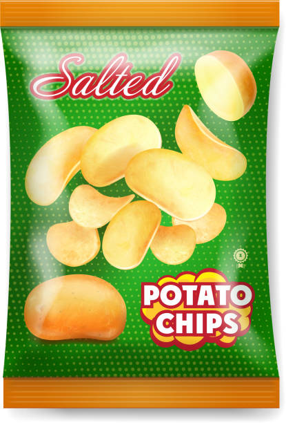 kartoffelchips gesalzen, verpackungs-design. reaalistic 3d symbol abbildung - chips potato stock-grafiken, -clipart, -cartoons und -symbole