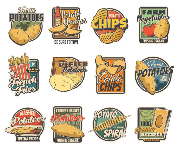 kartoffel-lebensmittel, vektor-symbole - chips potato stock-grafiken, -clipart, -cartoons und -symbole