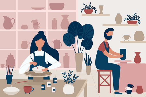 Pottery hobby. Handcrafted earthenware, people decorating pots and handicraft pottery workshop flat vector illustration