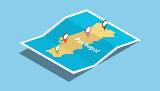 potugal zbadać mapy kraju narodu z izometrycznego stylu i pin tag lokalizacji na górze - portugal stock illustrations