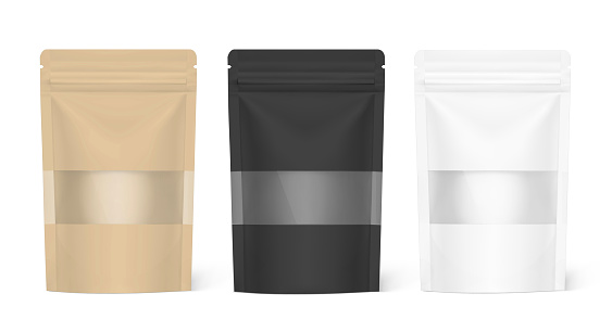 Pouch bag mockups with ziplock and transparent window mockup isolated on white background.
