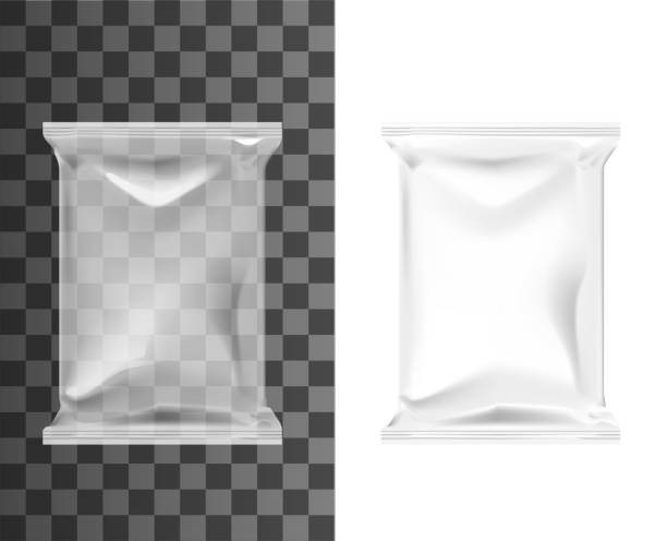 Pouch bag, sachet pack, blank plastic foil package Pouch bag, sachet pack of white plastic foil, blank food product package, vector 3D mockup template. Realistic transparent pouch bag, sachet pack or doypack for snacks or dry food wrap package clear sky stock illustrations