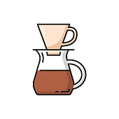 Coffee pot with filter, brewed aromatic drink isolated icon. Vector energetic beverage in pour-over coffee maker. Coffee pot with filter and handle, freshly brewed aromatic drink, alternative method