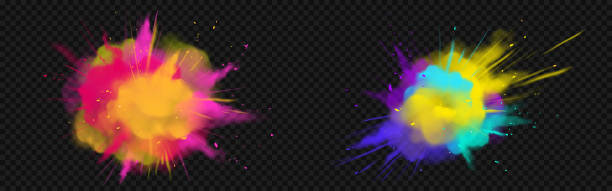 Powder Holi paints colorful clouds or explosions Powder Holi paints colorful clouds or explosions, ink splashes, decorative vibrant dye for festival isolated on transparent background, traditional indian holiday. Realistic 3d vector illustration colored powder stock illustrations